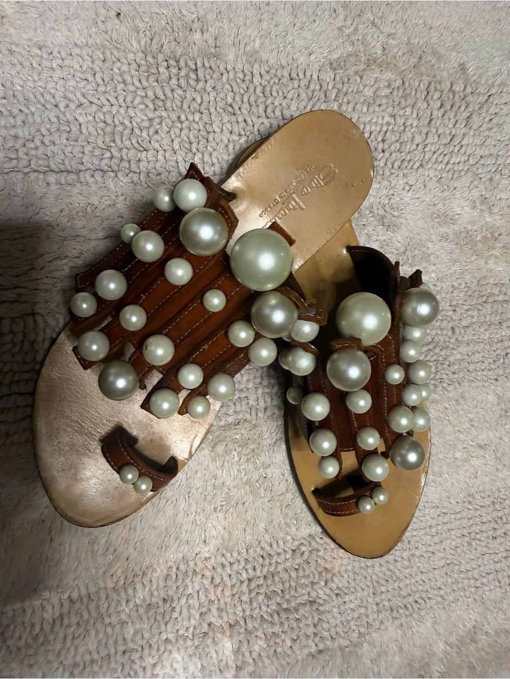 Pearl-Accent Brown Leather Slide Sandals